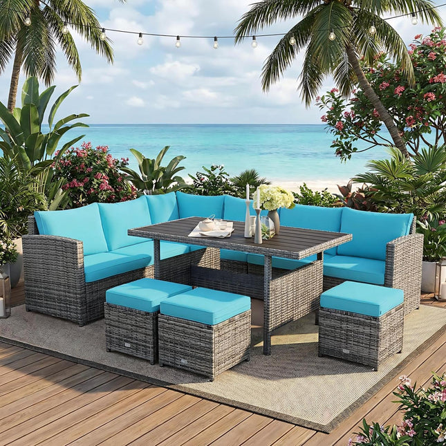 7 Pieces Patio Rattan Dining Furniture Sectional Sofa Set with Wicker Ottoman-Turquoise