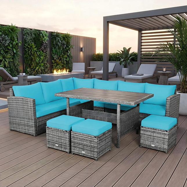 7 Pieces Patio Rattan Dining Furniture Sectional Sofa Set with Wicker Ottoman-Turquoise
