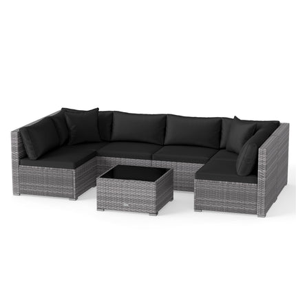 7 Pieces Patio Rattan Furniture Set with Sectional Sofa Cushioned-Black