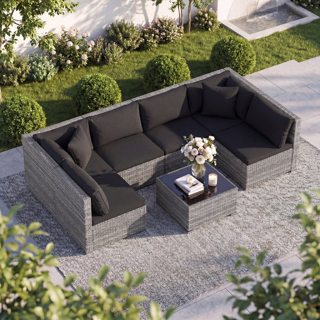 7 Pieces Patio Rattan Furniture Set with Sectional Sofa Cushioned-Black