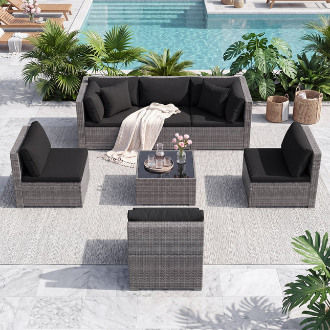 7 Pieces Patio Rattan Furniture Set with Sectional Sofa Cushioned-Black