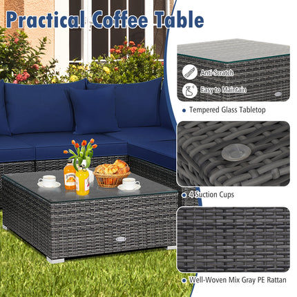 7 Pieces Patio Rattan Furniture Set Sectional Sofa Garden Cushion-Navy