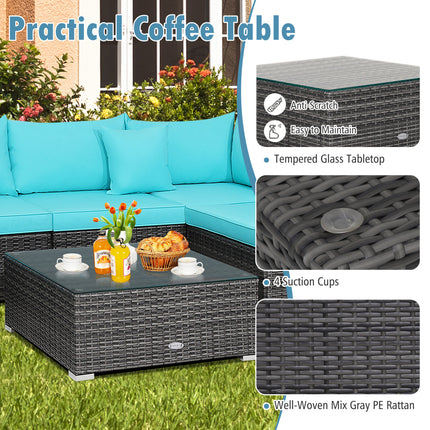 7 Pieces Patio Rattan Furniture Set with Sectional Sofa Cushioned-Turquoise