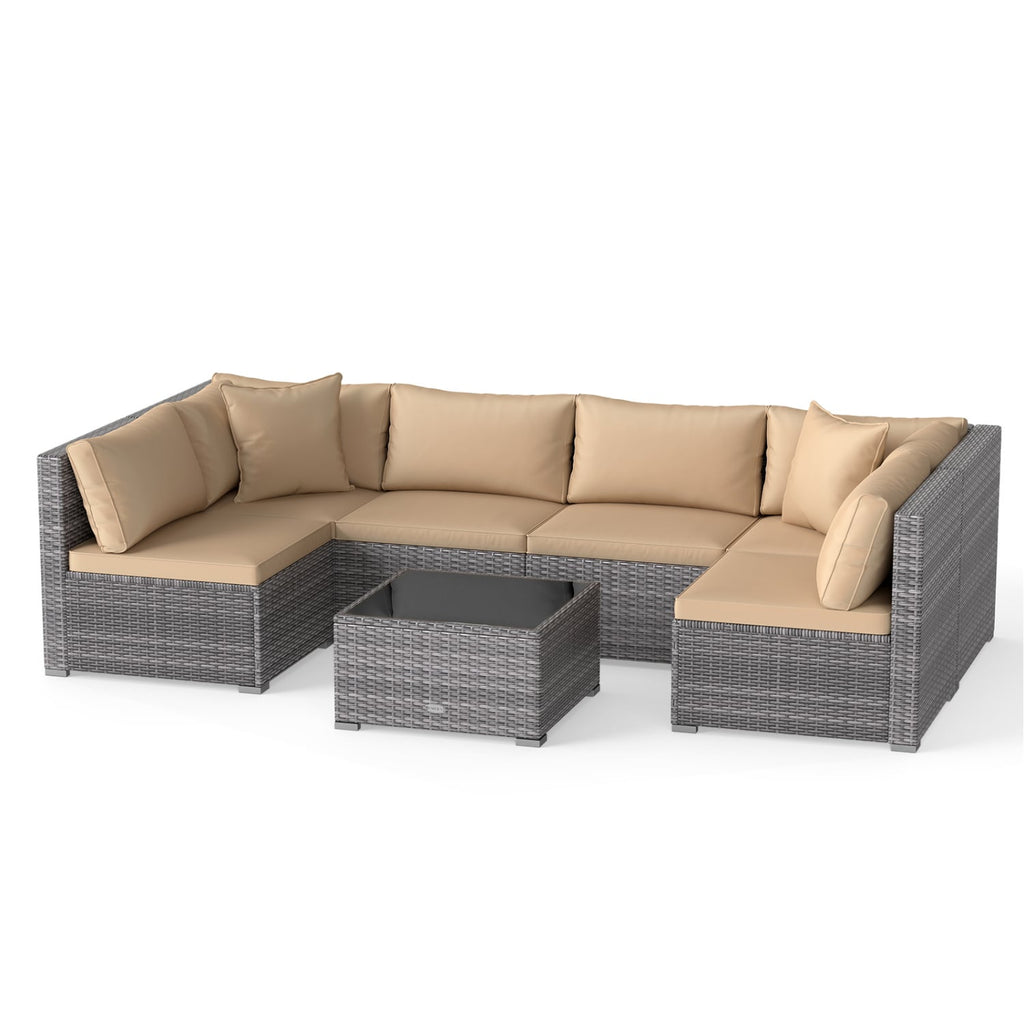 7 Pieces Patio Rattan Furniture Set with Sectional Sofa Cushioned-Beige