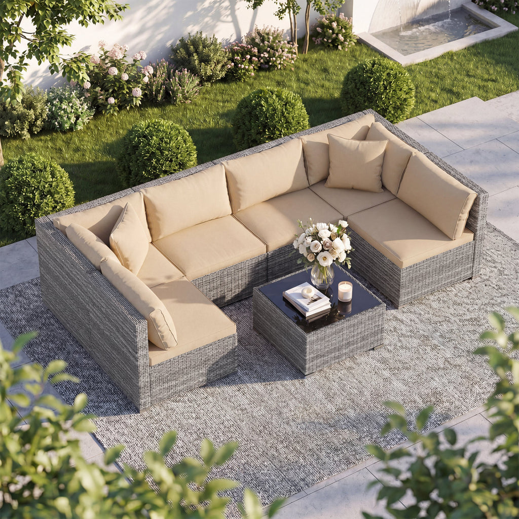 7 Pieces Patio Rattan Furniture Set with Sectional Sofa Cushioned-Beige