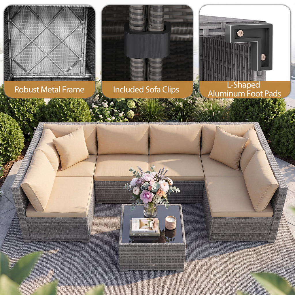 7 Pieces Patio Rattan Furniture Set with Sectional Sofa Cushioned-Beige