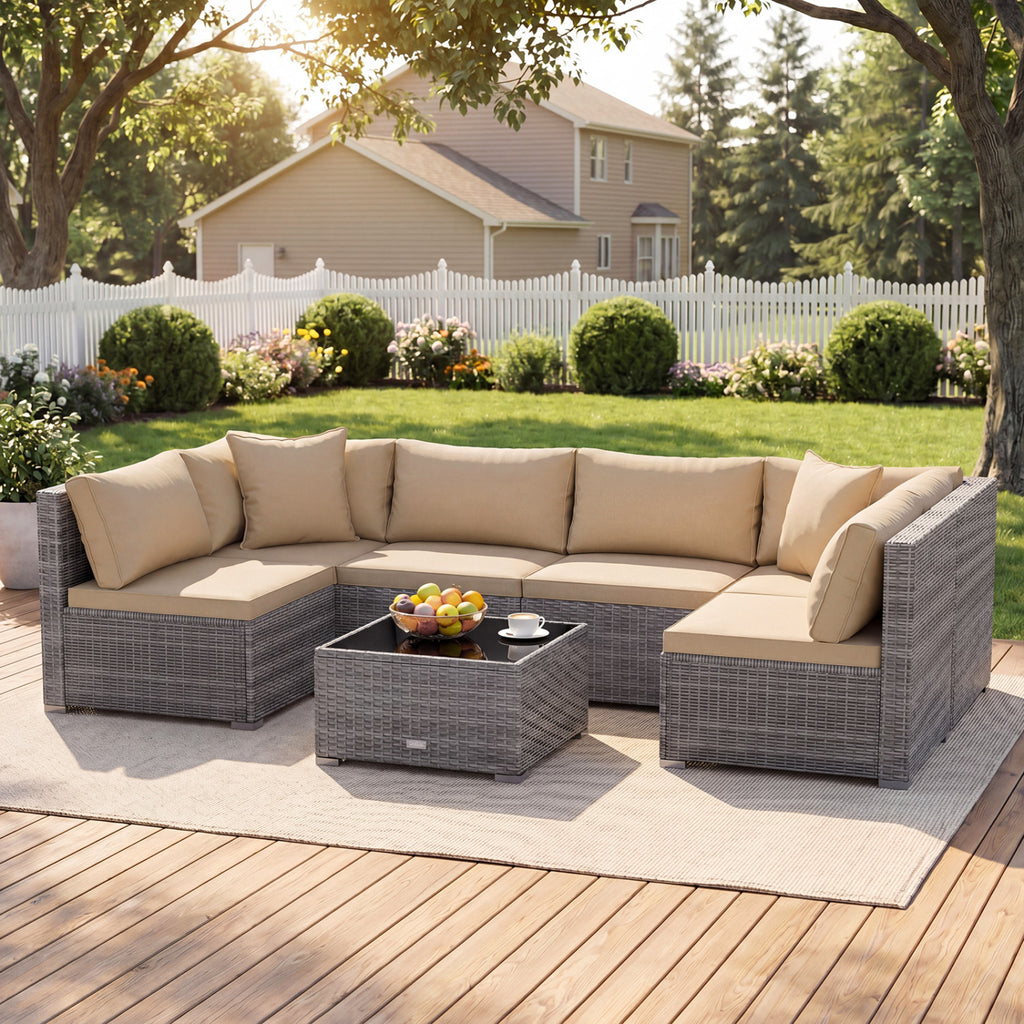 7 Pieces Patio Rattan Furniture Set with Sectional Sofa Cushioned-Beige