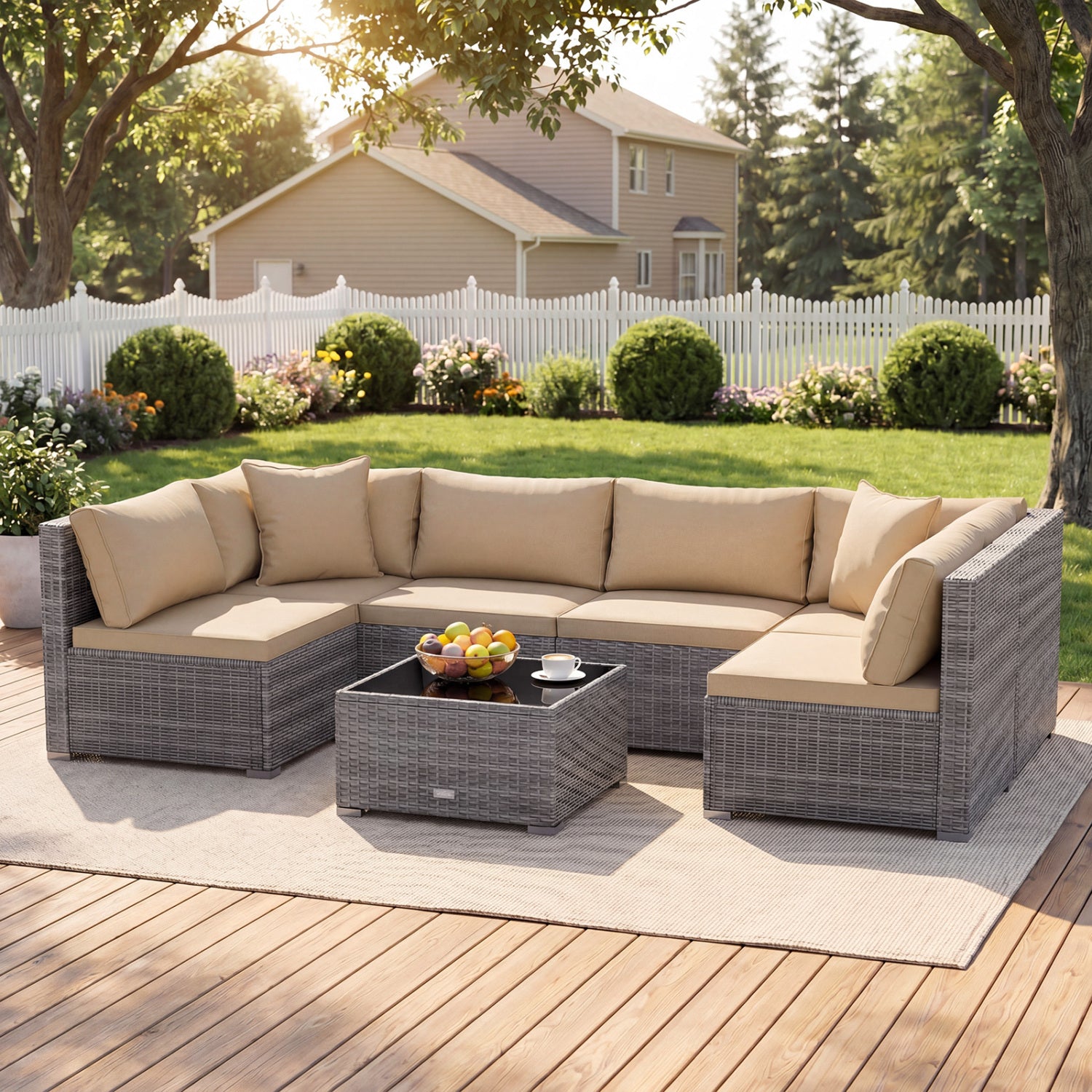 7 Pieces Patio Rattan Furniture Set with Sectional Sofa Cushioned-Beige