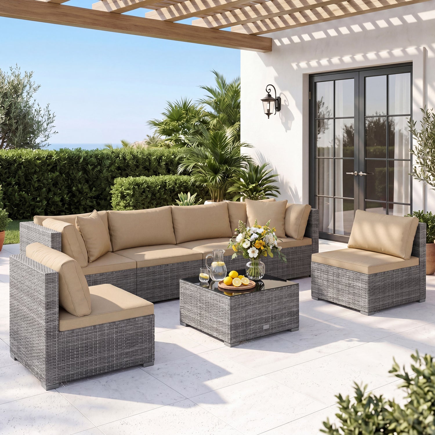 7 Pieces Patio Rattan Furniture Set with Sectional Sofa Cushioned-Beige