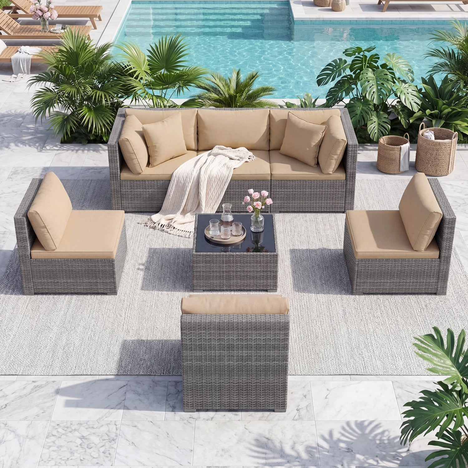 7 Pieces Patio Rattan Furniture Set with Sectional Sofa Cushioned-Beige