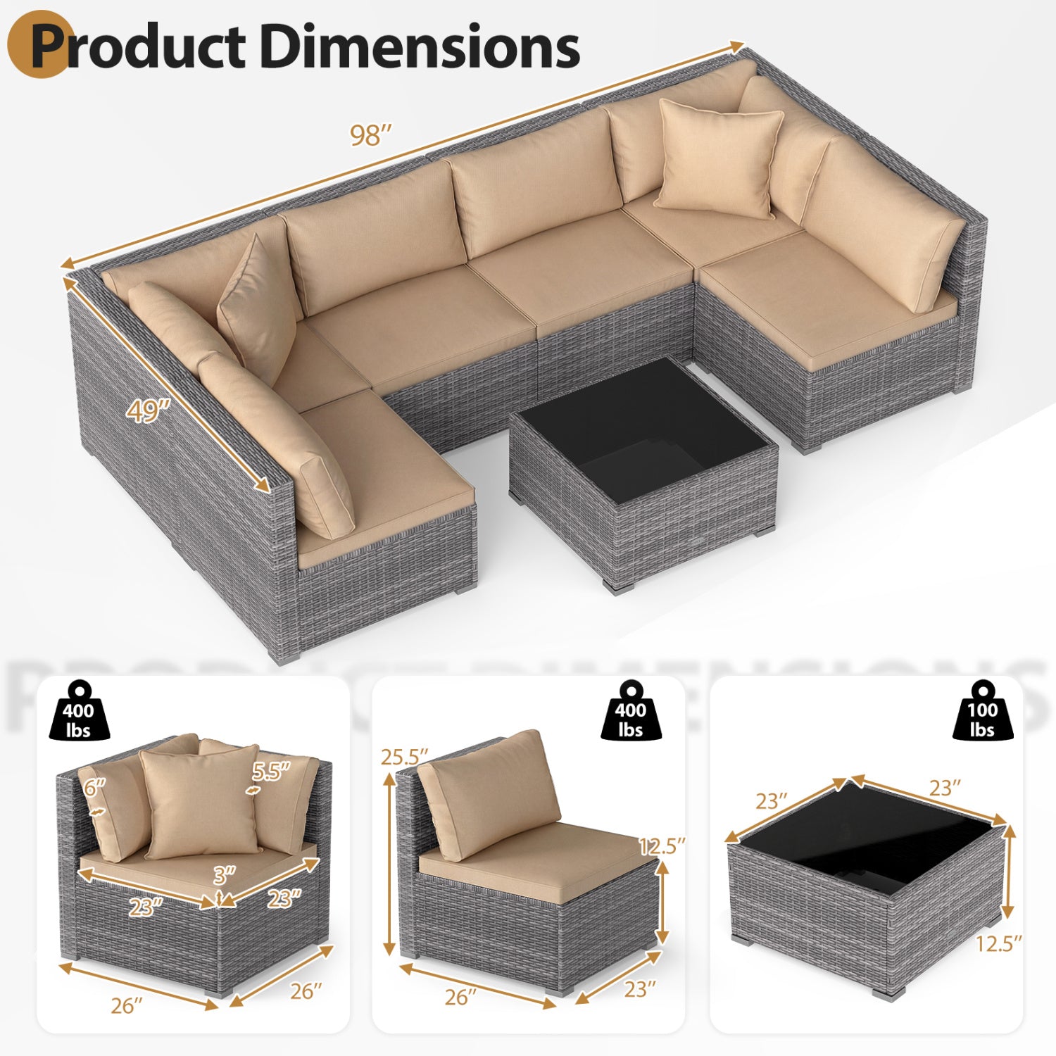 7 Pieces Patio Rattan Furniture Set with Sectional Sofa Cushioned-Beige