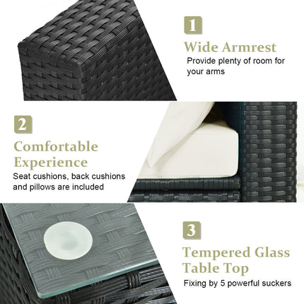 7 Pieces Sectional Wicker Furniture Sofa Set with Tempered Glass Top-Black & White