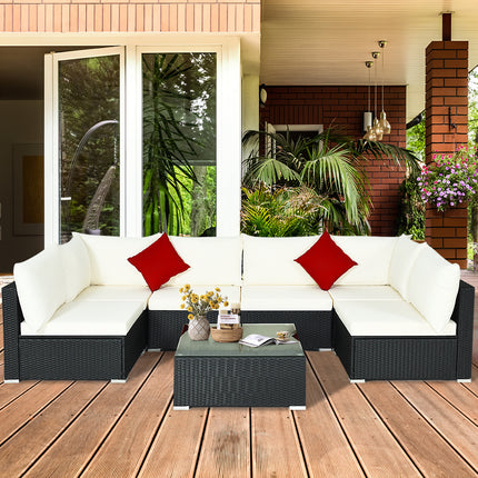 7 Pieces Sectional Wicker Furniture Sofa Set with Tempered Glass Top-Gray & Off White