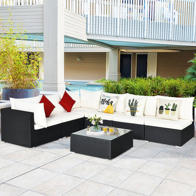7 Pieces Sectional Wicker Furniture Sofa Set with Tempered Glass Top-Off White & Navy
