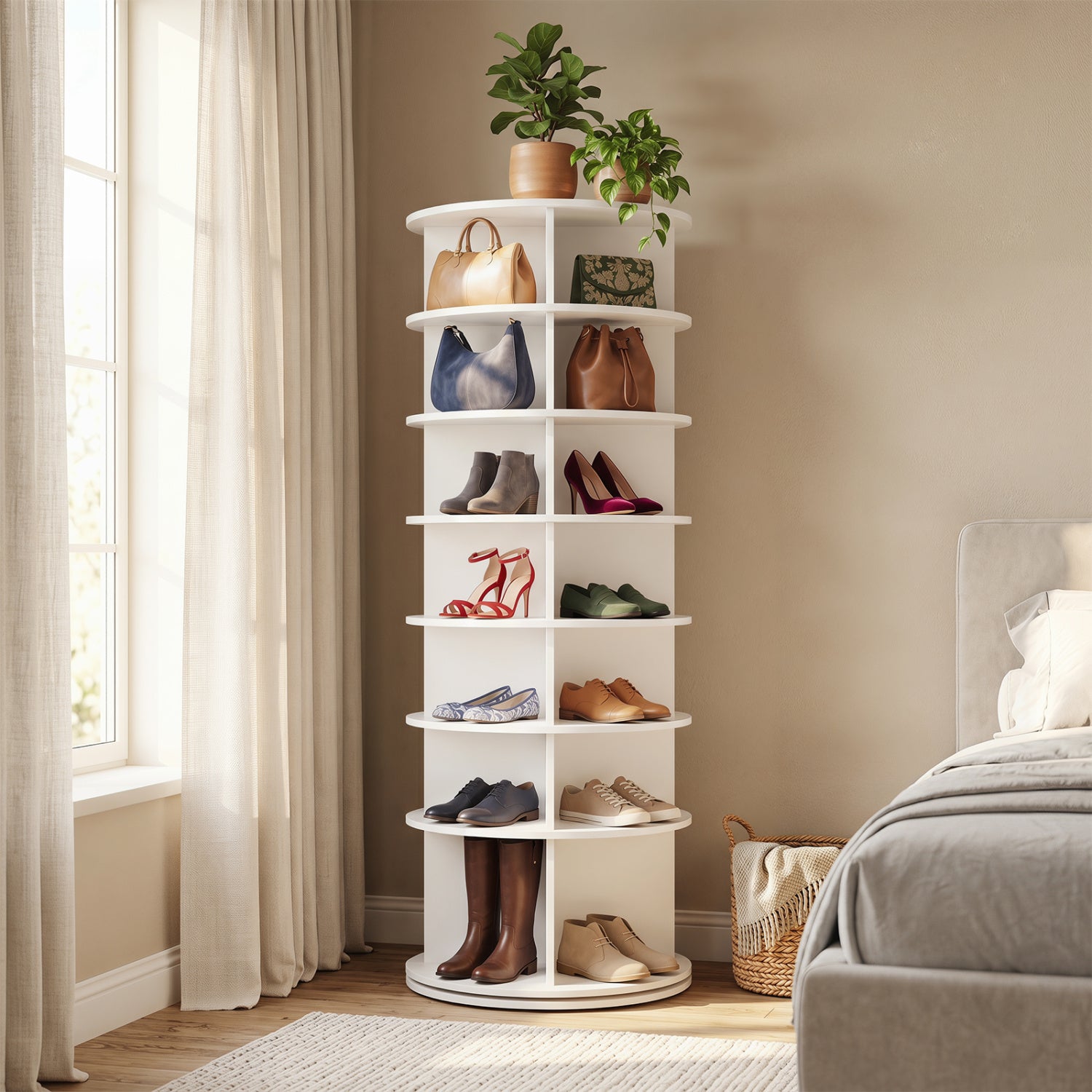 7-Tier Rotating Shoe Rack Tower Freestanding Spinning Shoe Organizer-White