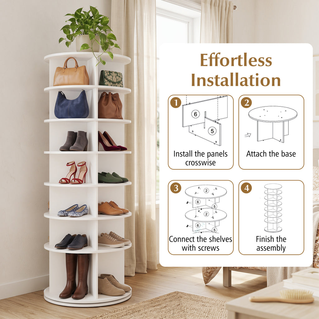 7-Tier Rotating Shoe Rack Tower Freestanding Spinning Shoe Organizer-White