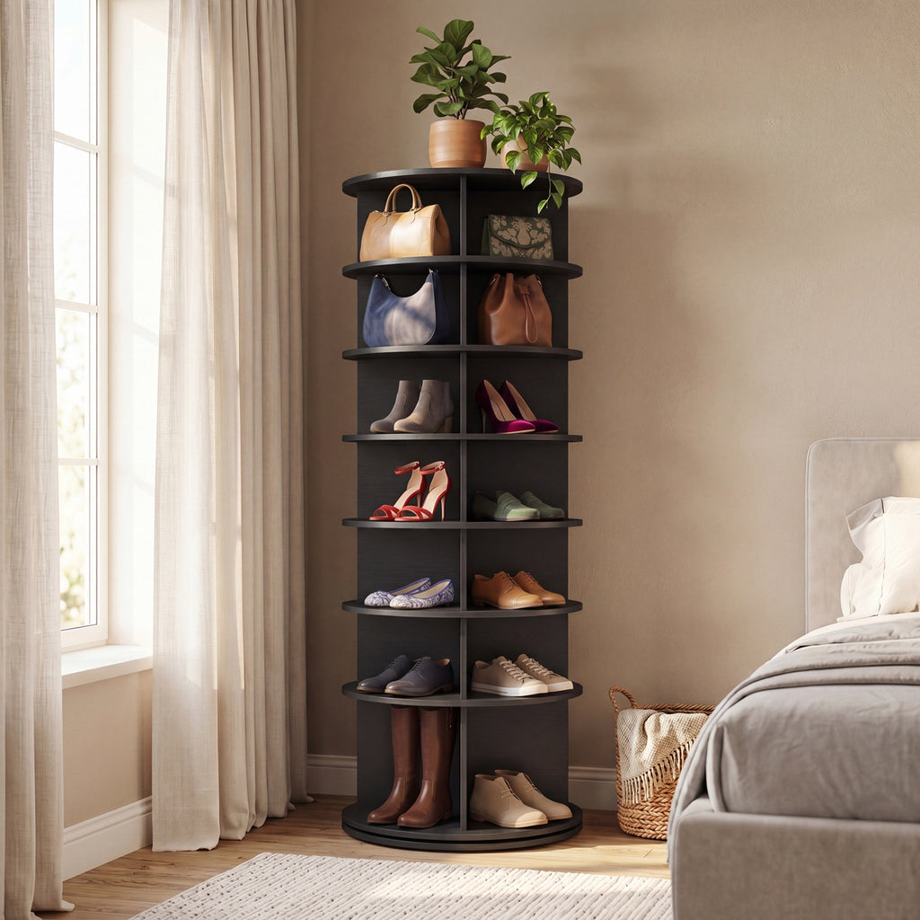 7-Tier Rotating Shoe Rack Tower Freestanding Spinning Shoe Organizer-Black
