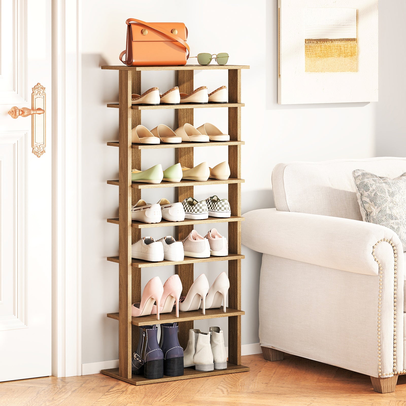 7 Tiers Patented Vertical Shoe Rack for Front Door-Natural