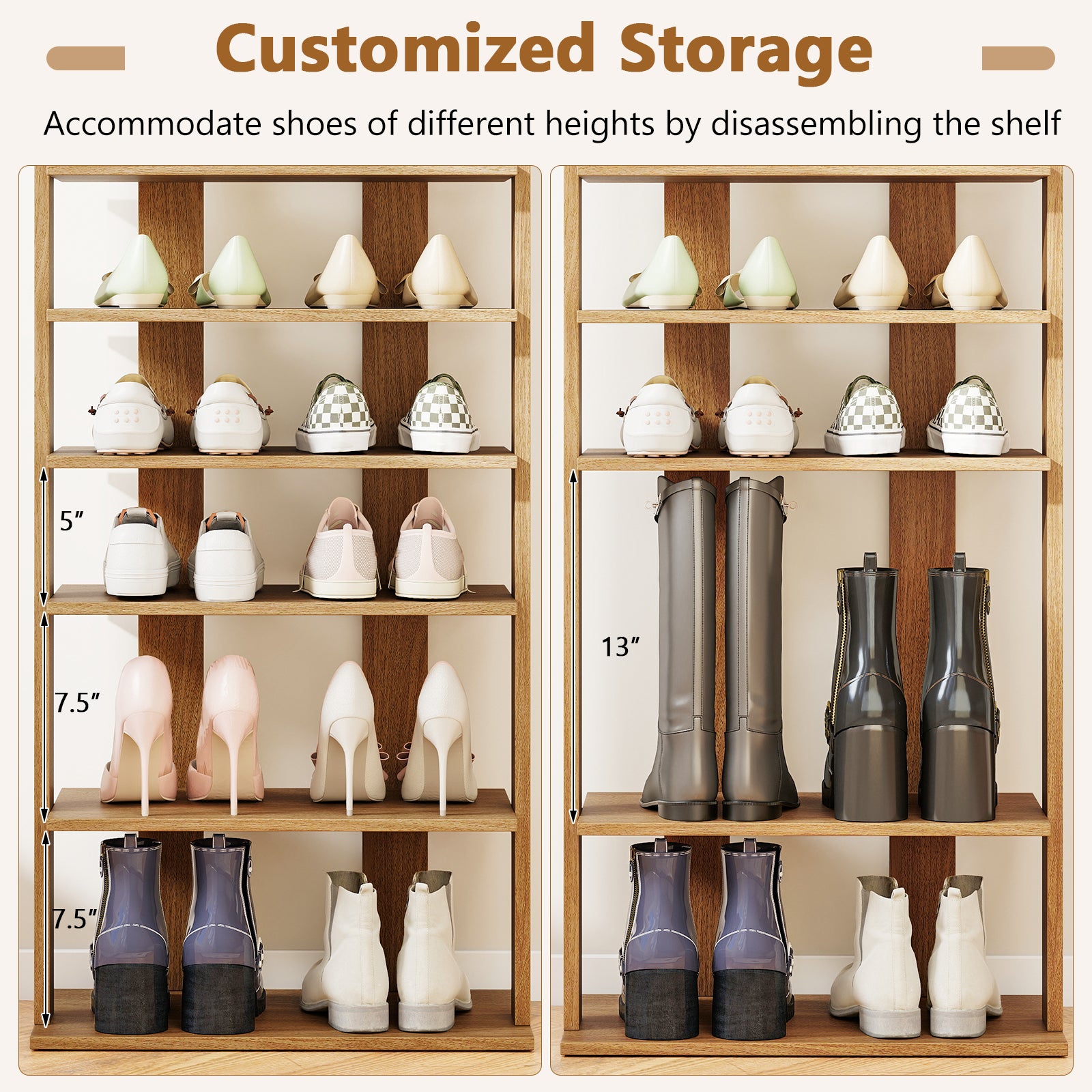 7 Tiers Patented Vertical Shoe Rack for Front Door-Natural