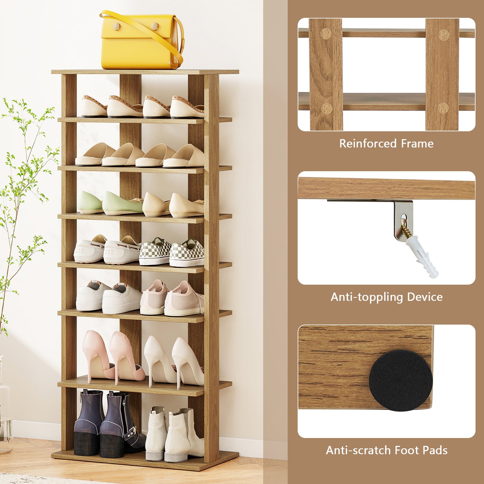 7 Tiers Patented Vertical Shoe Rack for Front Door-Natural