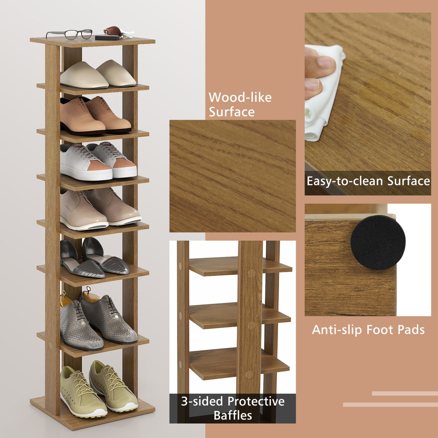 7-Tiers Vertical Wooden Space Saving Shoe Rack for Front Door-Natural