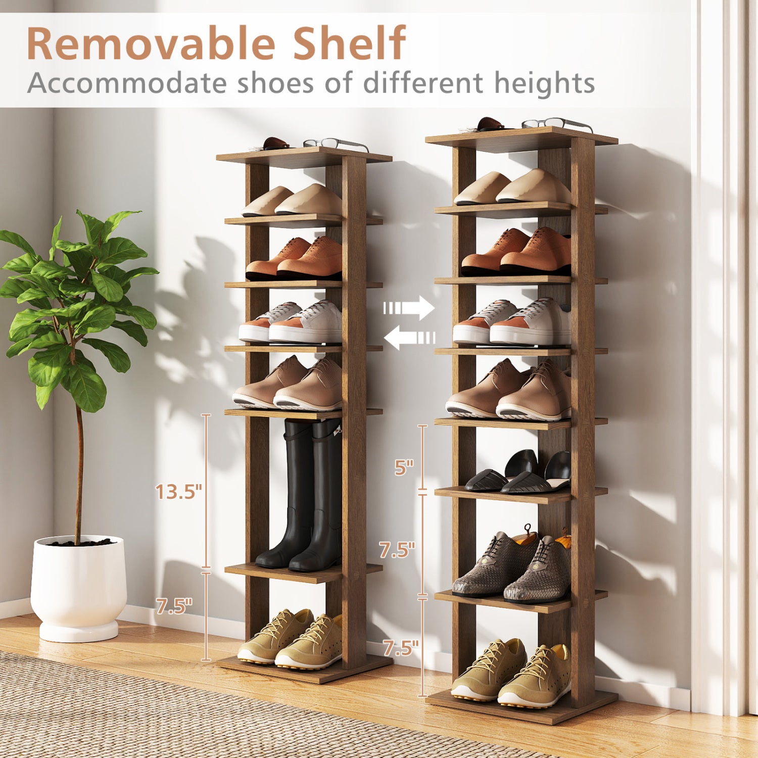 7-Tiers Vertical Wooden Space Saving Shoe Rack for Front Door-Natural