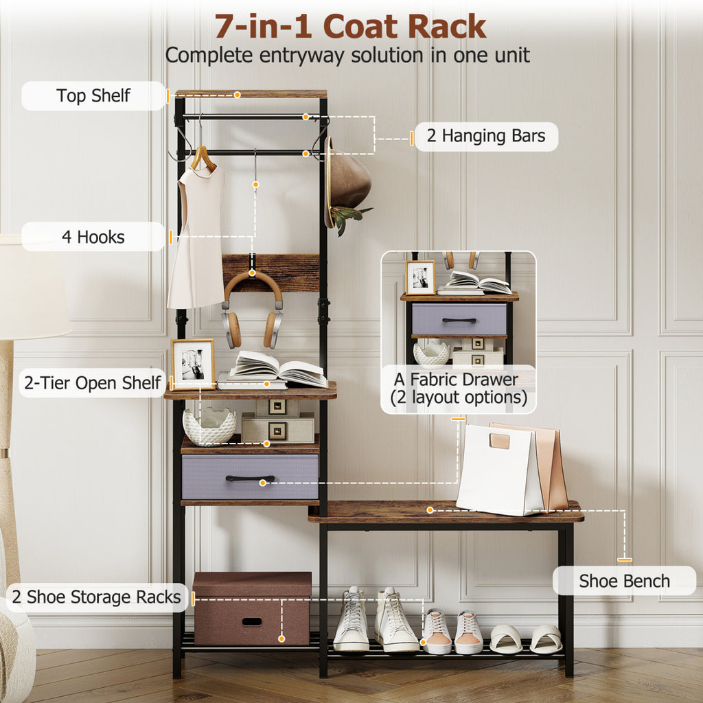 7-in-1 Hall Tree with Shoe Bench and Hooks and Removable Drawer for Entryway-Rustic Brown