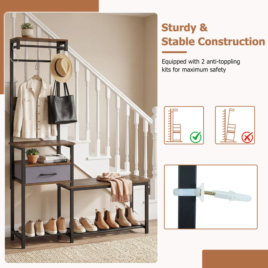 7-in-1 Hall Tree with Shoe Bench and Hooks and Removable Drawer for Entryway-Rustic Brown
