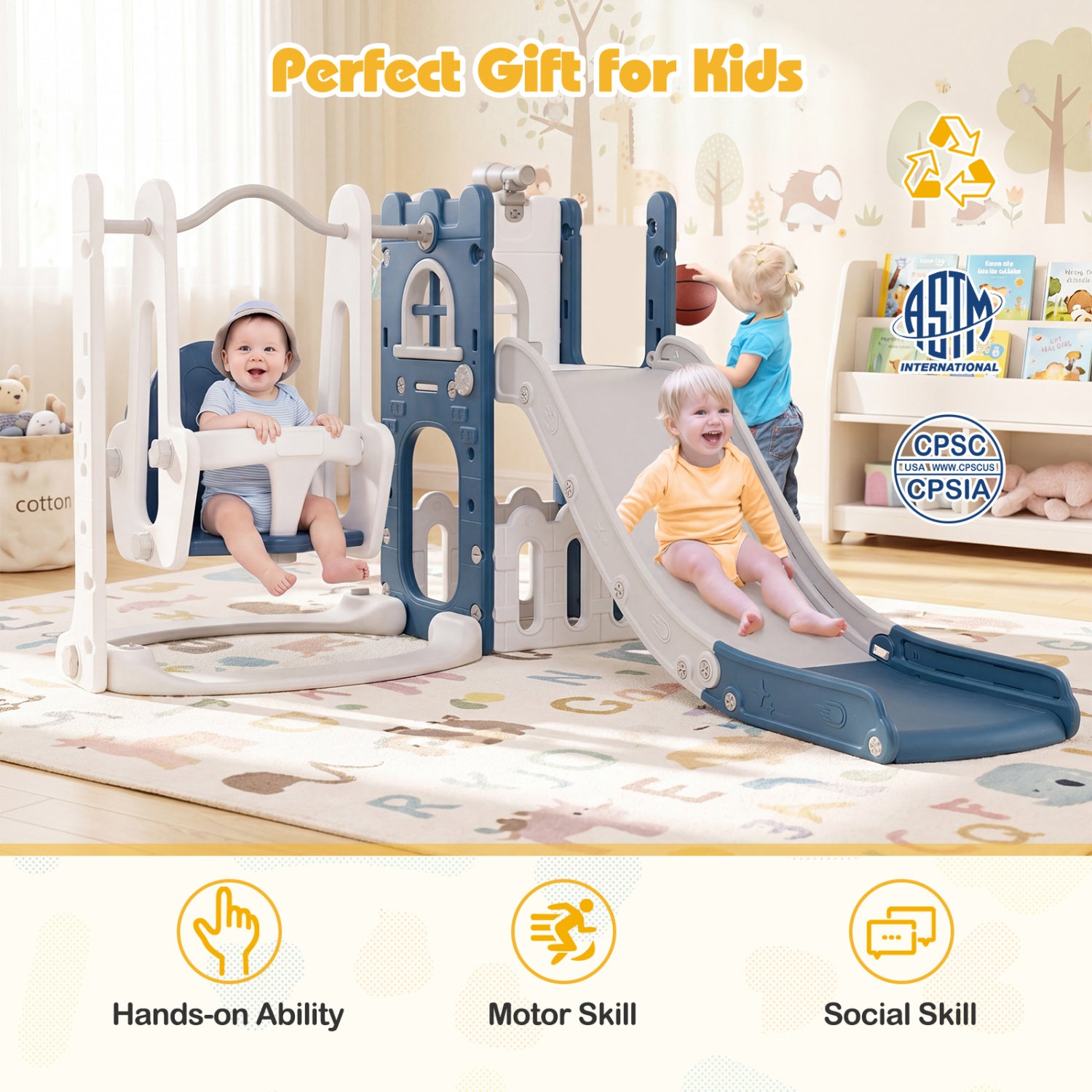7-in-1 Toddler Swing and Slide Set L-shaped with Ladder and Basketball Hoop-Blue