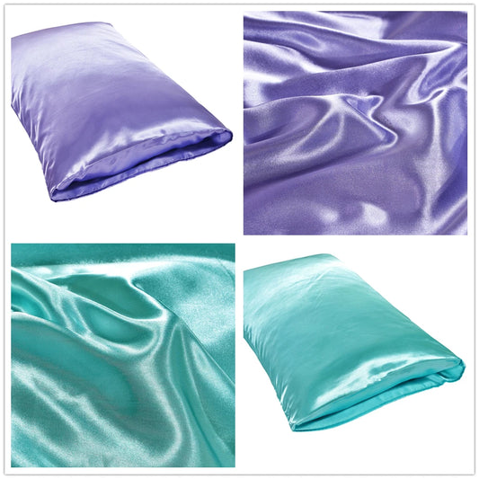 Collage of purple and teal satin pillows and fabric swatches.