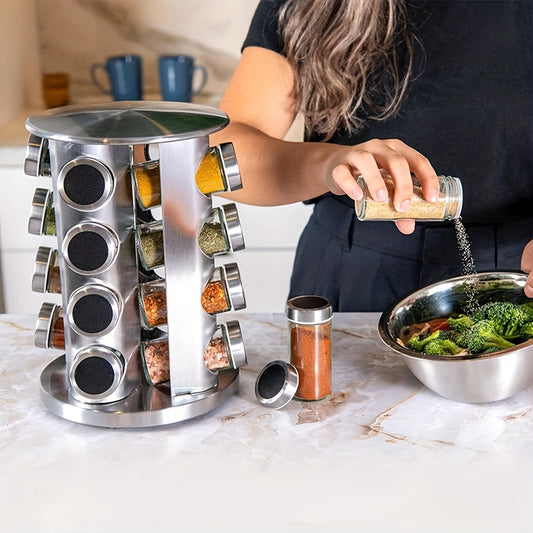 Person using a spice rack to add spices to a dish on a kitchen counter.