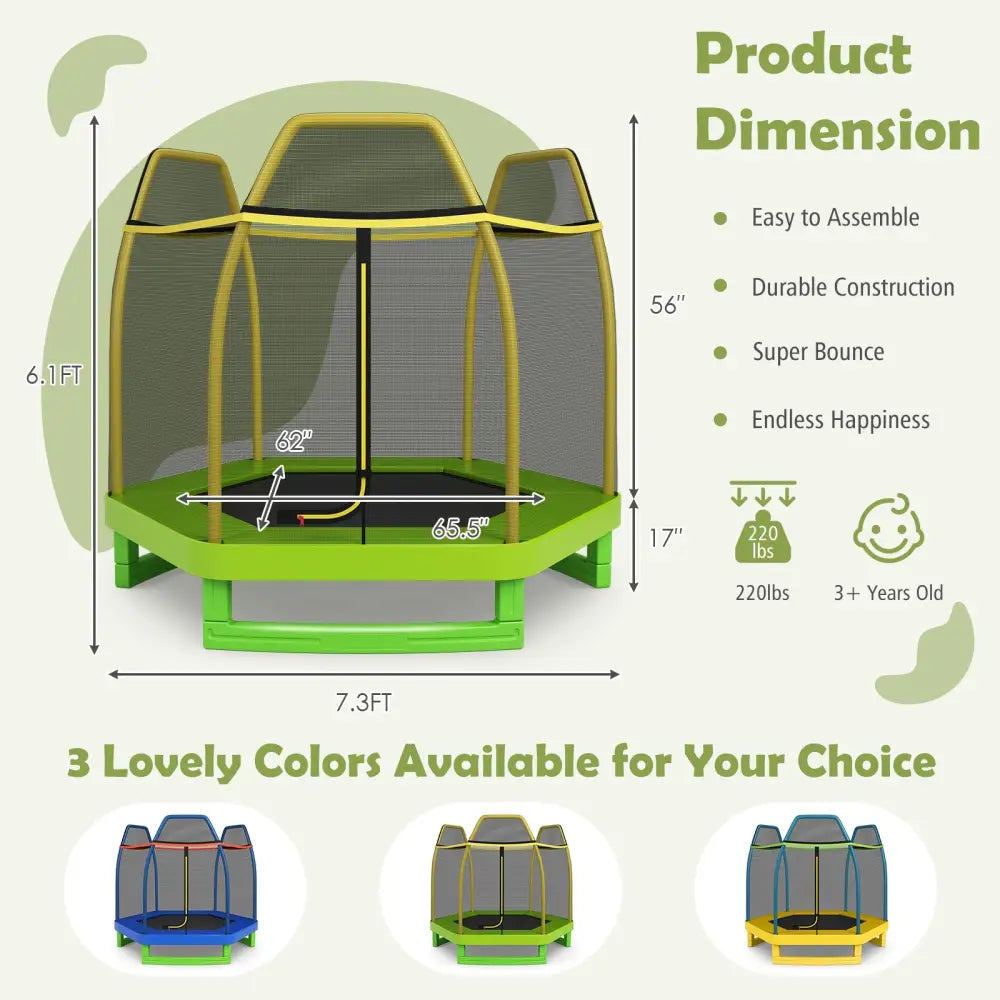 7FT Kids Trampoline with Safety Enclosure Net-Green - Green - Trampolines