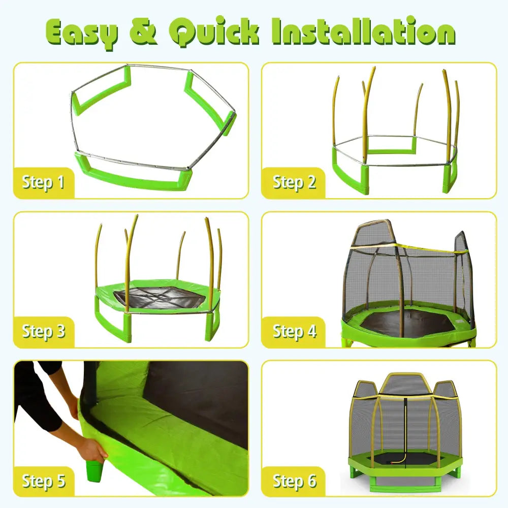 7FT Kids Trampoline with Safety Enclosure Net-Green - Green - Trampolines