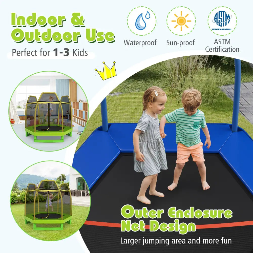 7FT Kids Trampoline with Safety Enclosure Net-Green - Green - Trampolines
