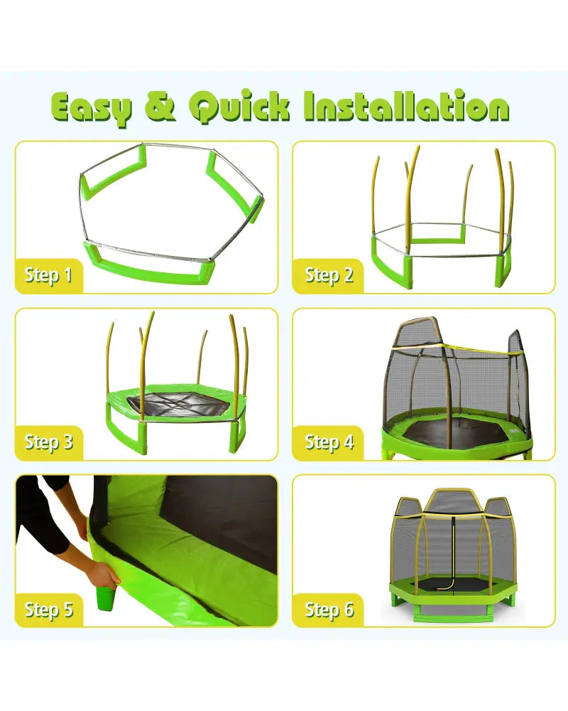 7FT Kids Trampoline with Safety Enclosure Net-Green - Green - Trampolines