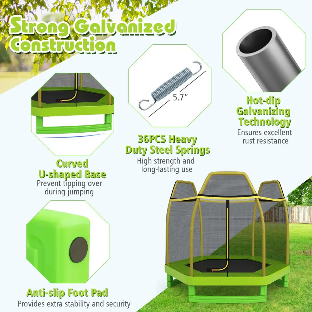 7FT Kids Trampoline with Safety Enclosure Net-Green - Green - Trampolines