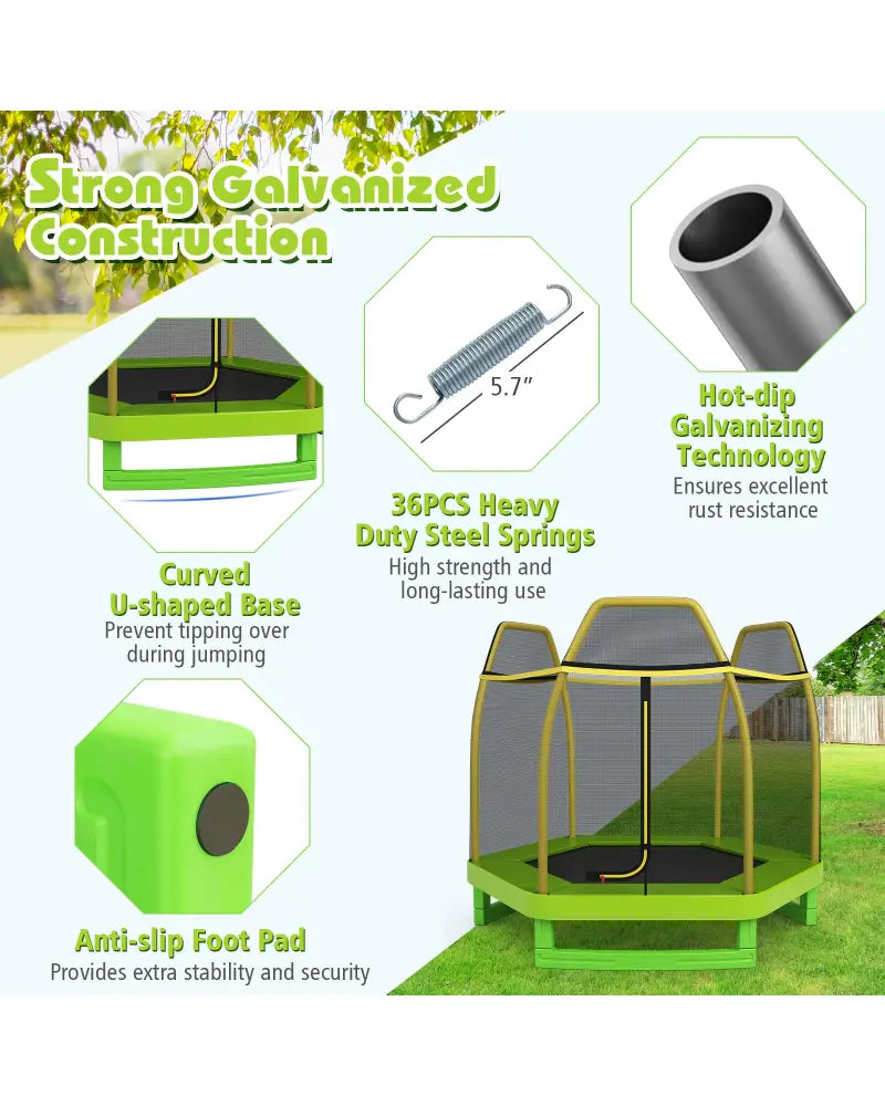 7FT Kids Trampoline with Safety Enclosure Net-Green - Green - Trampolines