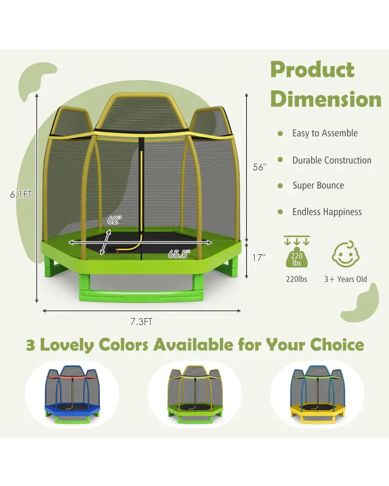 7FT Kids Trampoline with Safety Enclosure Net-Green - Green - Trampolines