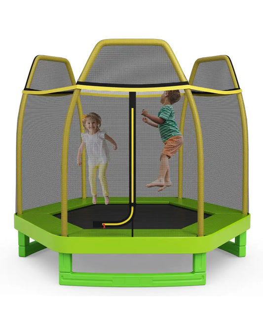 7FT Kids Trampoline with Safety Enclosure Net-Green - Green - Trampolines