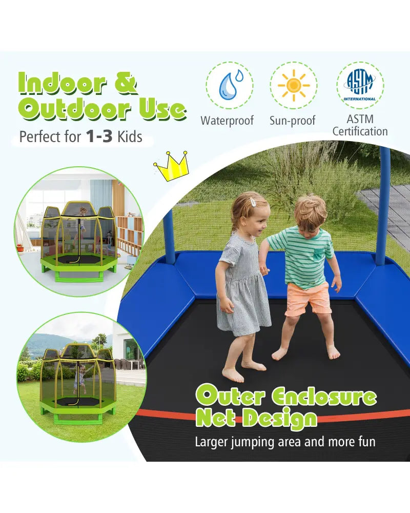7FT Kids Trampoline with Safety Enclosure Net-Green - Green - Trampolines