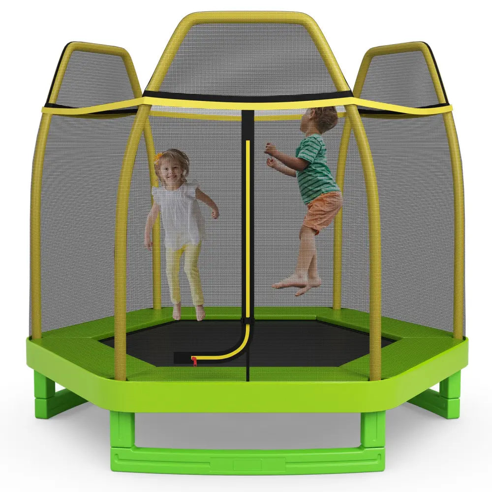 7FT Kids Trampoline with Safety Enclosure Net-Green - Green - Trampolines
