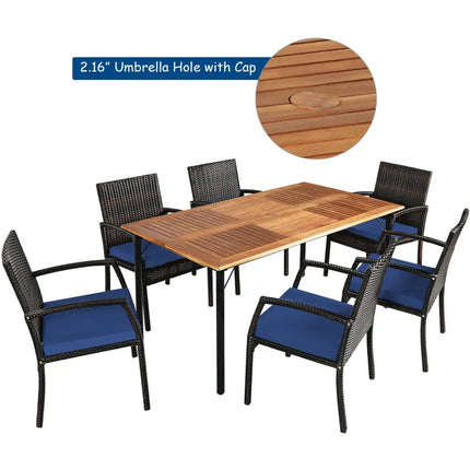 7Pcs Patio Rattan Cushioned Dining Set with Umbrella Hole-Navy - Navy - Patio Dining Sets