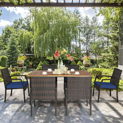 7Pcs Patio Rattan Cushioned Dining Set with Umbrella Hole-Navy - Navy - Patio Dining Sets