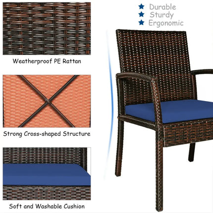7Pcs Patio Rattan Cushioned Dining Set with Umbrella Hole-Navy - Navy - Patio Dining Sets