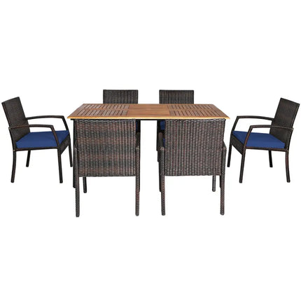 7Pcs Patio Rattan Cushioned Dining Set with Umbrella Hole-Navy - Navy - Patio Dining Sets