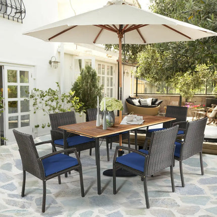 7Pcs Patio Rattan Cushioned Dining Set with Umbrella Hole-Navy - Navy - Patio Dining Sets