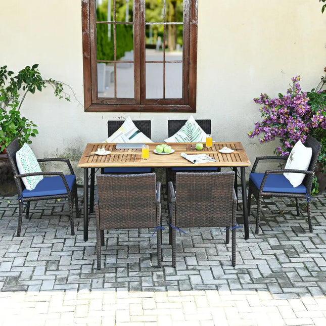 7Pcs Patio Rattan Cushioned Dining Set with Umbrella Hole-Navy - Navy - Patio Dining Sets