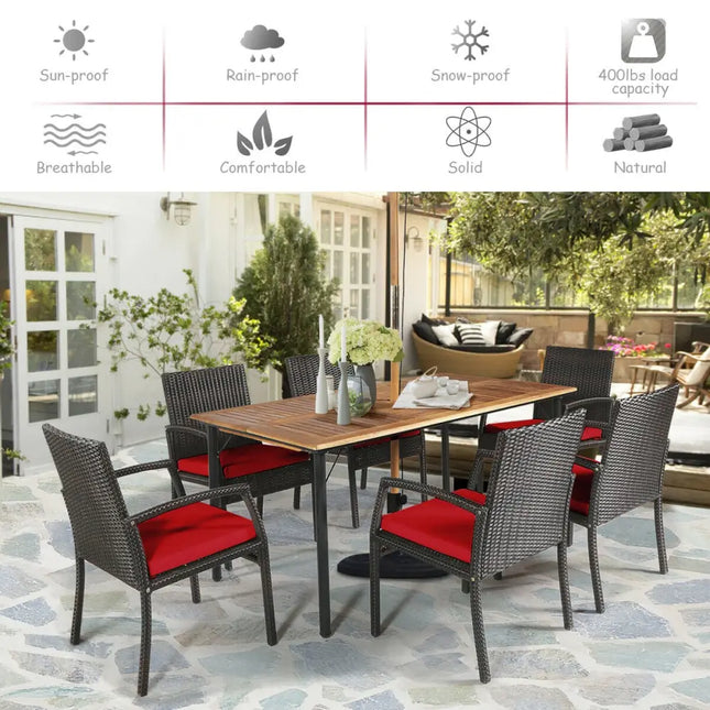 7Pcs Patio Rattan Cushioned Dining Set with Umbrella Hole-Red - Red - Patio Dining Sets