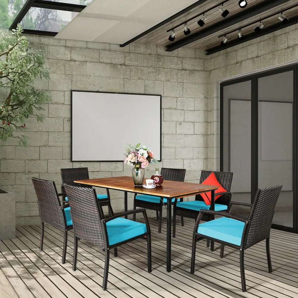 7Pcs Patio Rattan Cushioned Dining Set with Umbrella Hole-Turquoise - Turquoise - Patio Dining Sets