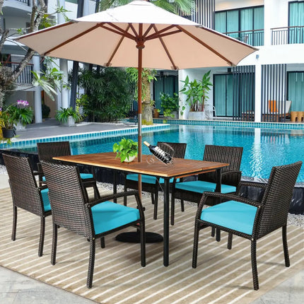 7Pcs Patio Rattan Cushioned Dining Set with Umbrella Hole-Turquoise - Turquoise - Patio Dining Sets